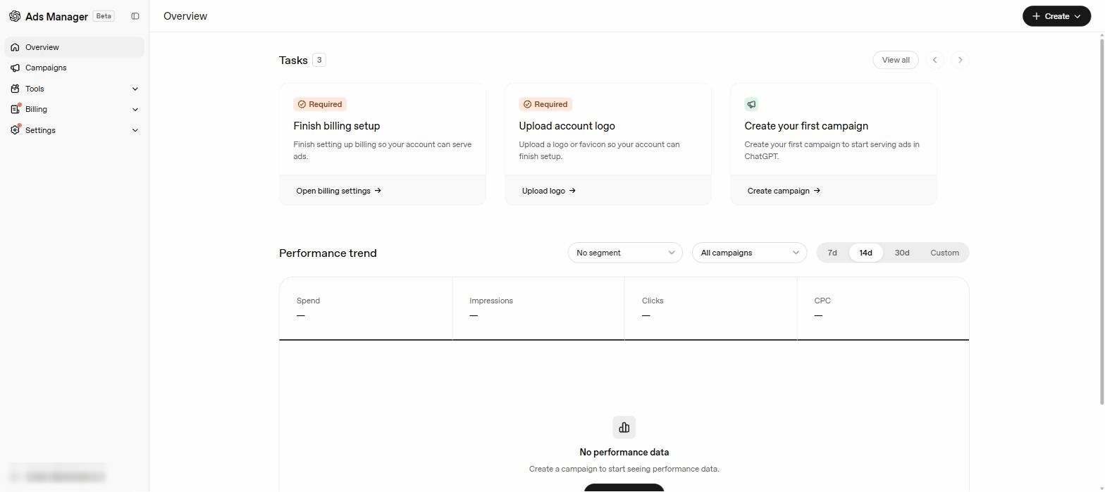 Log in to OpenAI Ads Manager screenshot