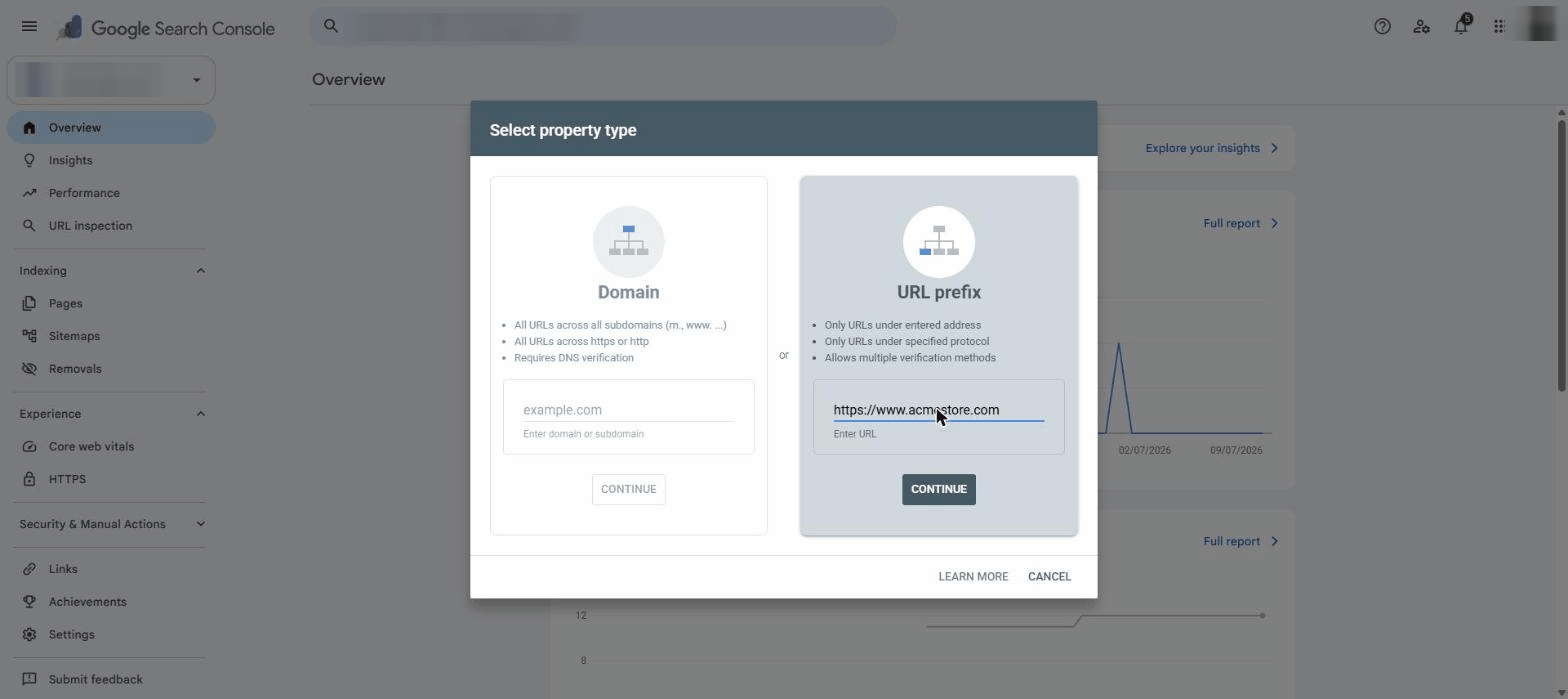 Choose “URL prefix” and enter your site screenshot