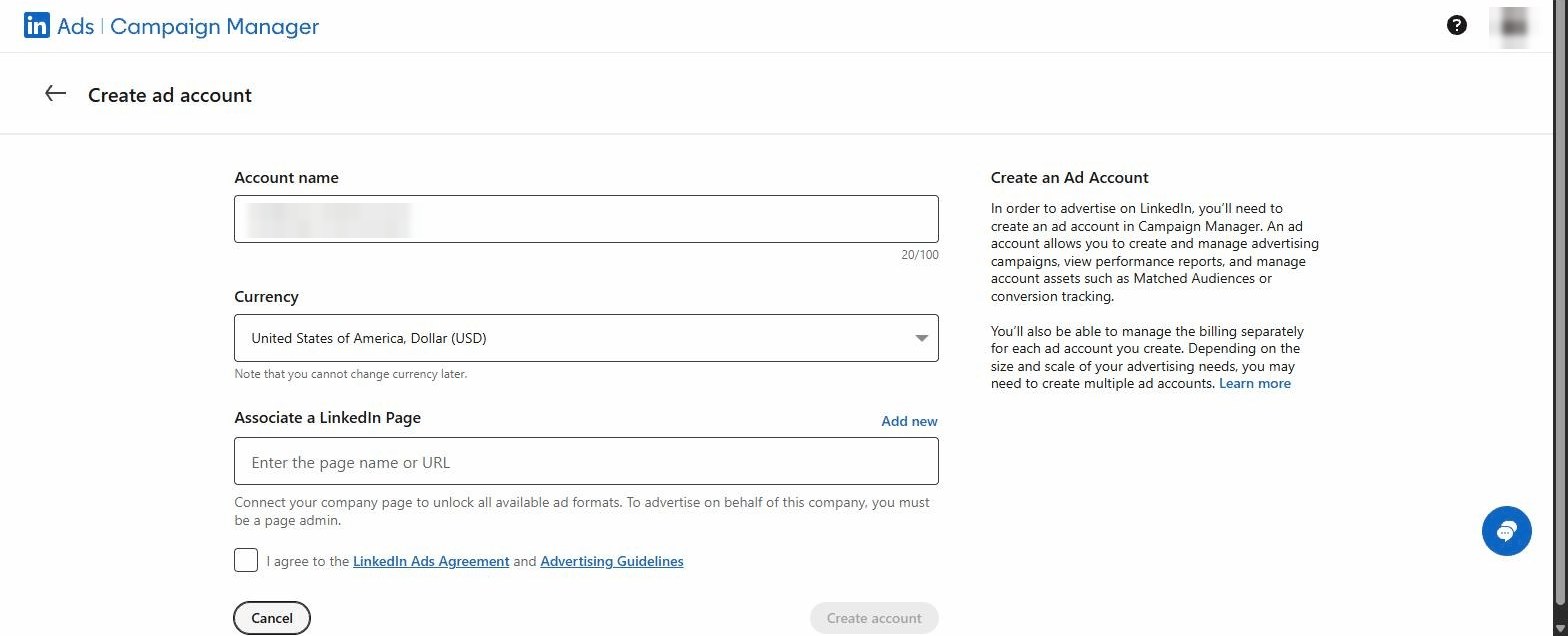 Create an ad account screenshot