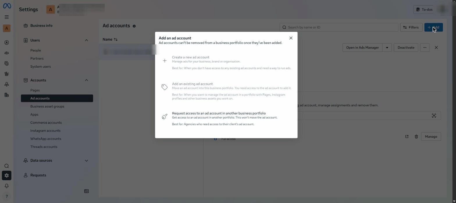 Click “Add” → “Create a new ad account” screenshot