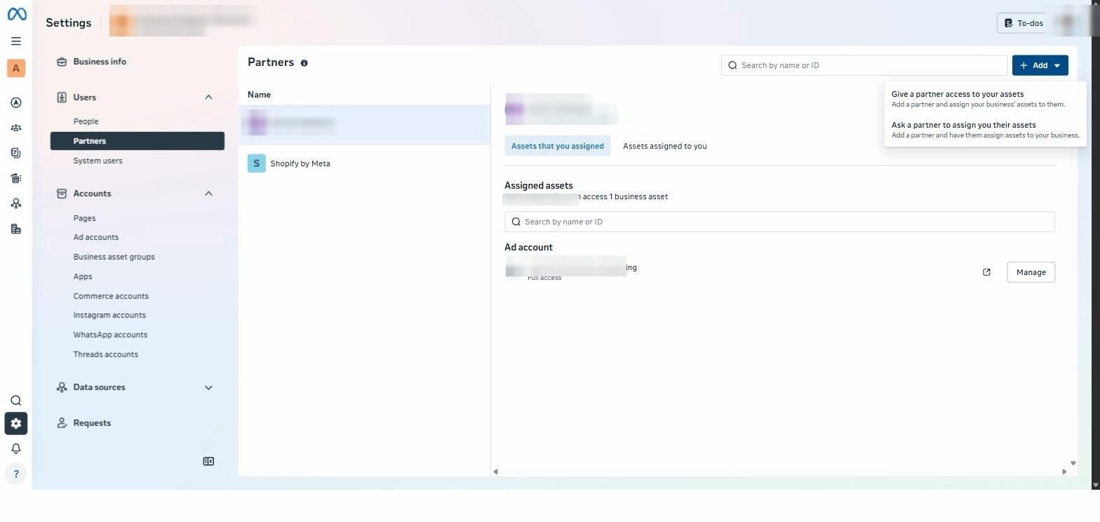 Click “Add” → “Give a partner access to your assets” screenshot