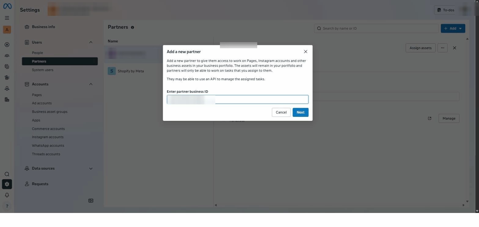 Paste in {{partner:meta}}'s Business ID screenshot