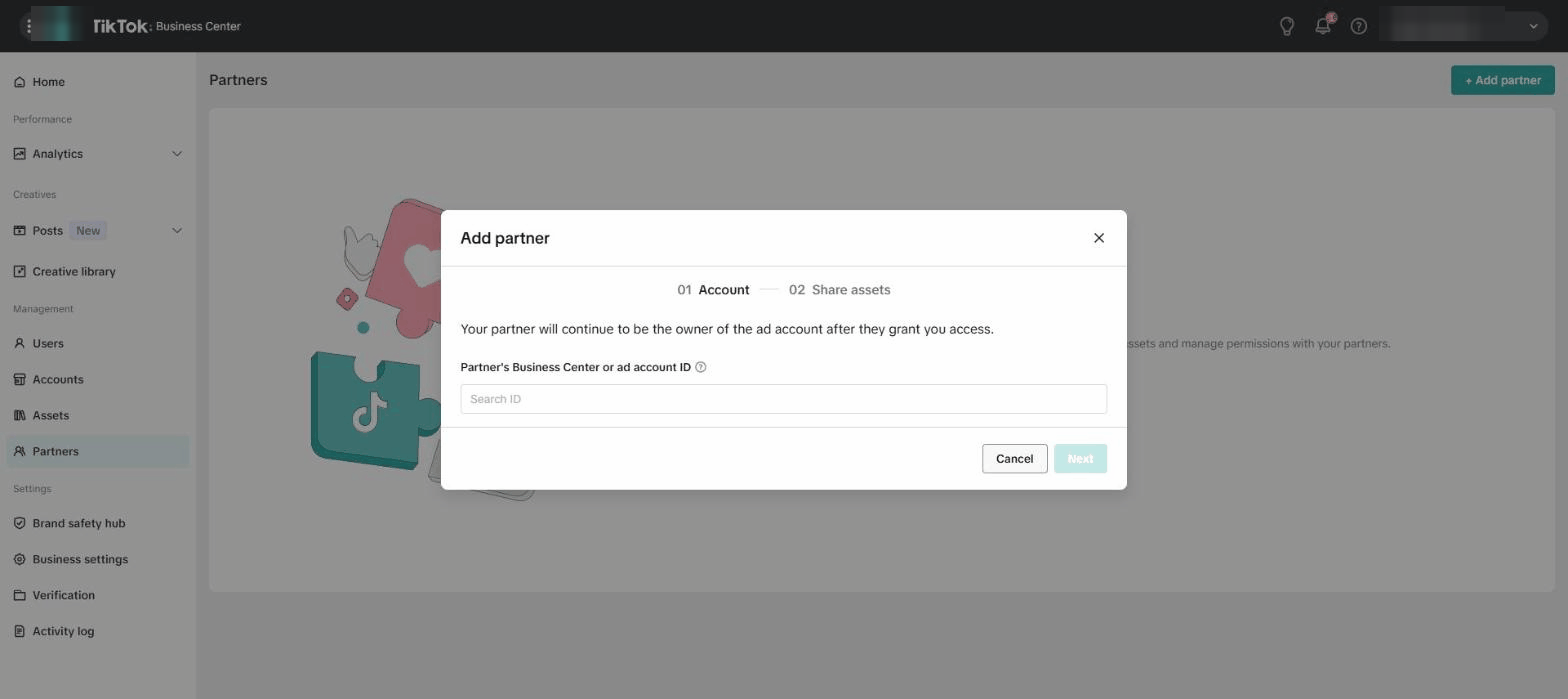 Paste {{partner:tiktok}}'s Business Center ID screenshot